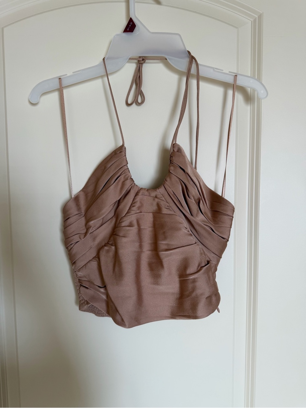 Zara Satin Ruched Halter Crop Top in Taupe Pink